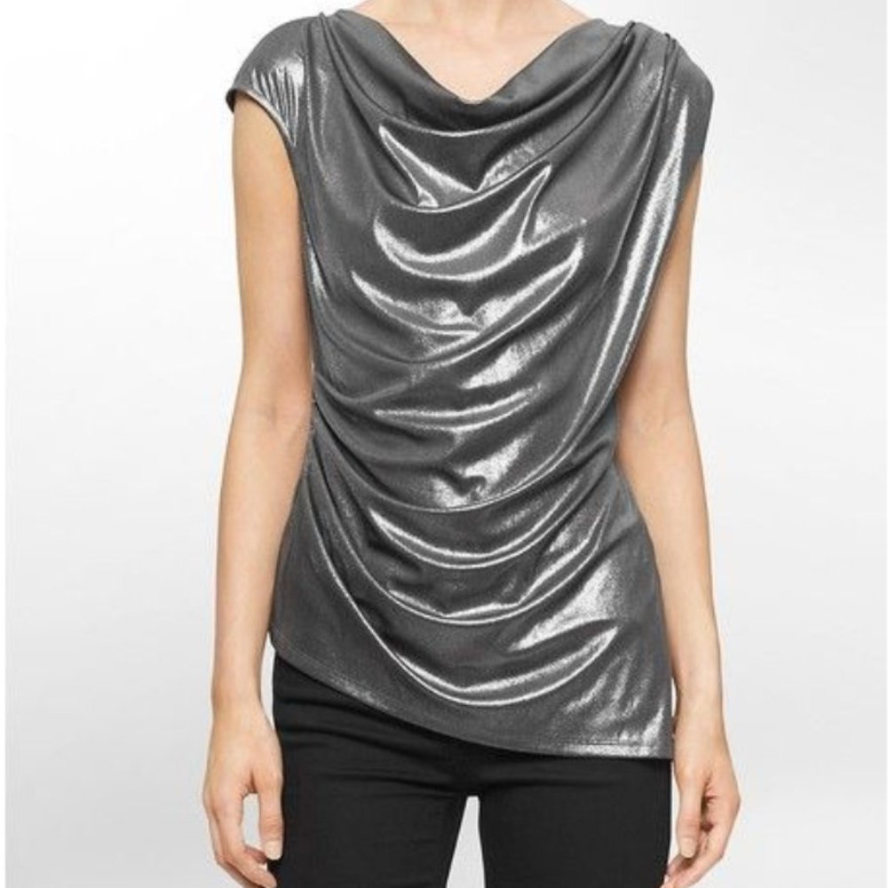 Calvin Klein Women's Metallic Silver Draped Cowl Neck Sleeveless Top Size L